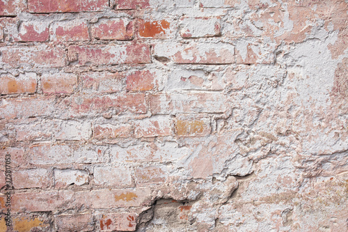 Empty old brick wall texture. Painted grungy wall surface. Grunge red stonewall background. Shabby building facade with damaged plaster. Abstract web banner. Copy Space.