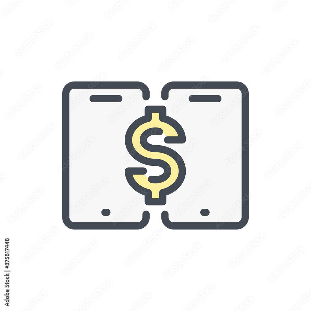 Mobile Payment color line icon. Two Smartphones with Dollar vector outline colorful sign. Mobile Payment color line icon. Two Smartphones with Dollar vector outline colorful sign.