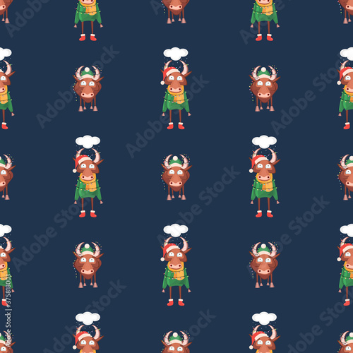 Seamless pattern for Happy Chinese new year 2021 - funny bulls. illustration. Great for wrapping paper, textile, wrapping paper.