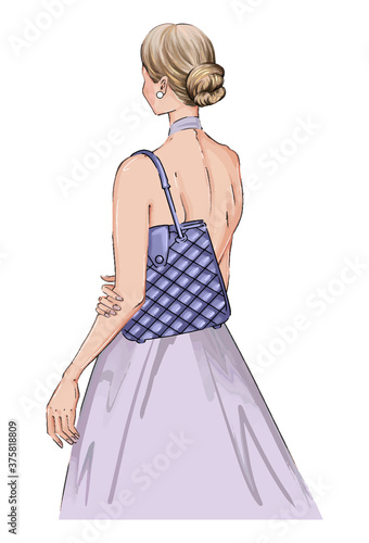Hand drawn illustration woman in a dress with fashion bag. Beautiful fashion art girl stands with her back in a blue dress. bride woman with blue handbag. Bridal hairstyle woman illustration