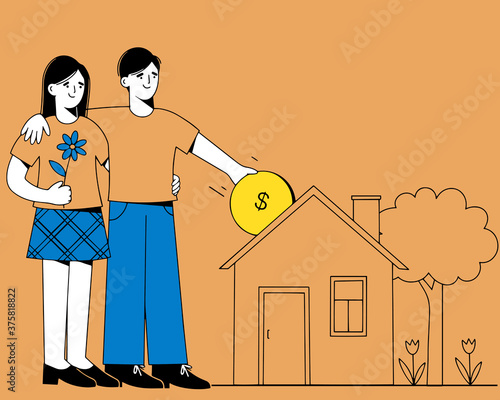 Family pays the loan to the Bank for the house in the mortgage. The man pays the mortgage payment for the house, in the hands of a gold coin. The concept of housing loans and mortgages.