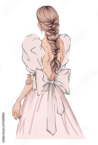 Hand drawn illustration woman in light pink dress. Beautiful fashion art girl stands with her back in a beautiful dress with big sleeves and bow. evening dress illustration, fashion diva illustration