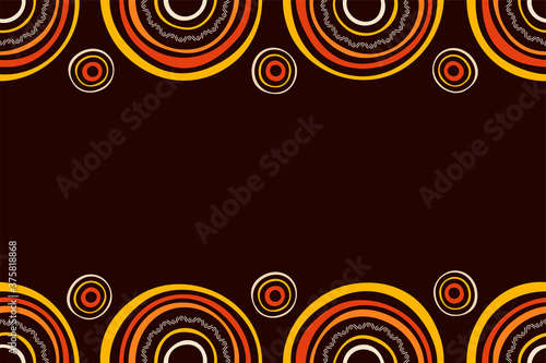 Australian aboriginal seamless horizontal border pattern with circles, crooked stripes, isolated on brown background. Endless stylish texture. Ethnic texture. Space for text. Vector color background.