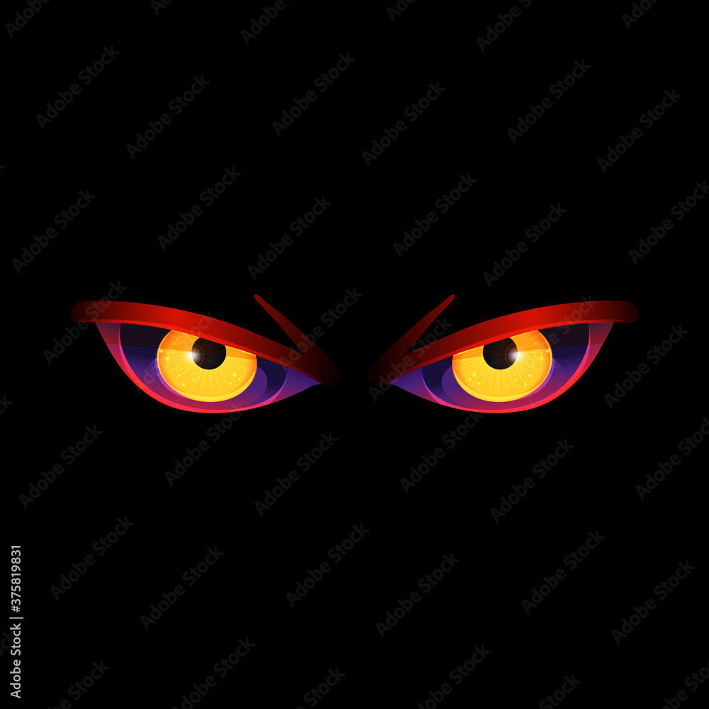 Scary yellow evil eyes of angry Halloween monster on black background