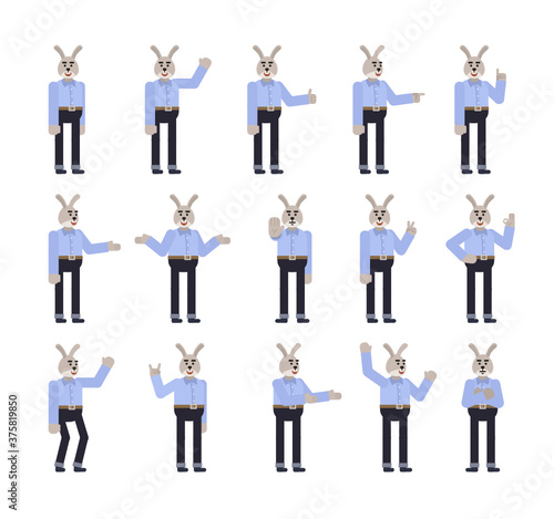Set of rabbit characters showing various hand gestures. Cheerful rabbit pointing  greeting  showing thumb up and other gestures. Flat design vector illustration