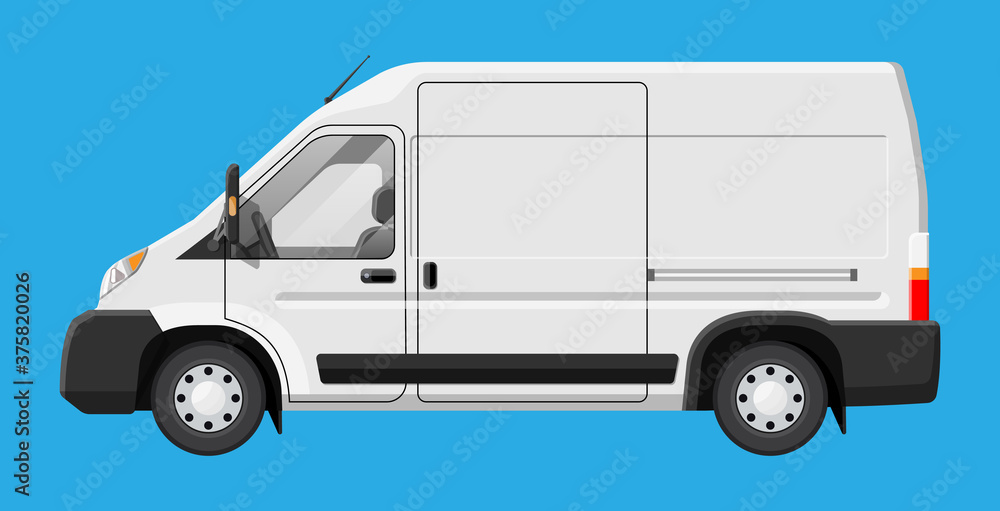 White delivery van isolated on blue background. Express delivering services commercial truck. Concept of fast and free delivery by car. Cargo and logistic. Cartoon flat vector illustration White delivery van isolated on blue background. Express delivering services commercial truck. Concept of fast and free delivery by car. Cargo and logistic. Cartoon flat vector illustration