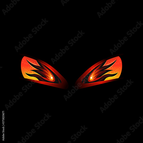 Scary red evil eyes with burning flames - horror costume element.