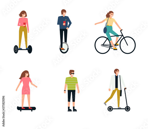 People on eco transport - riding bicycle, skateboard, kick scooter, mono wheel, gyroscooter, rollers. Vector illustration in flat style, isolated on white background.