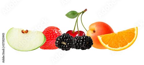 Fototapeta Naklejka Na Ścianę i Meble -  A stack of fresh ripe summer fruits and berries isolated on white background. Blackberry, apple, strawberry, apricot, cherry, orange in a line.