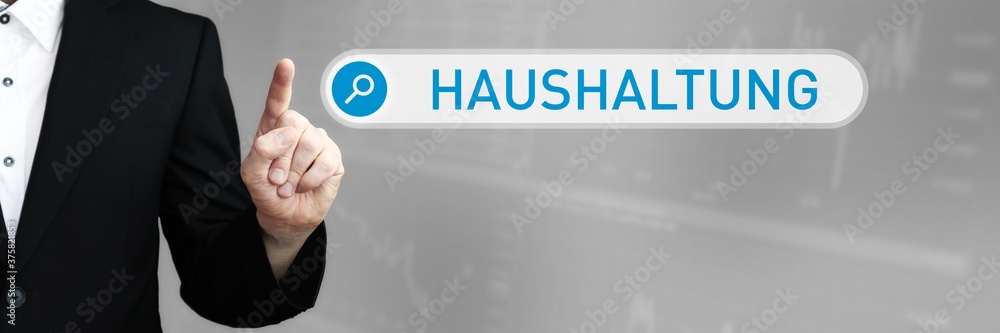 Fototapeta premium Haushaltung. Mann zeigt mit Finger auf Suchfeld im Internet-Browser. Wort/Text (blau) in der Suche.