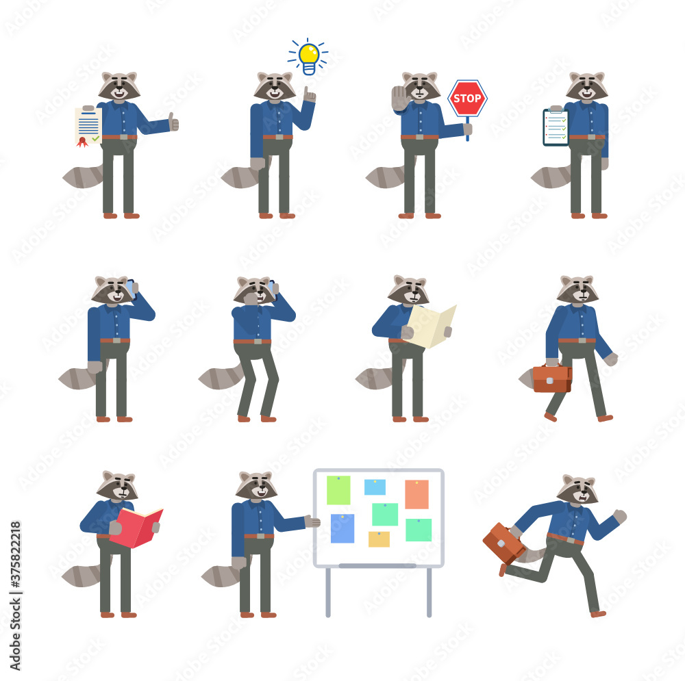 Set of raccoon characters showing various actions. Cheerful raccoon holding stop sign, clipboard, document, talking on phone, running and showing other actions. Flat design vector illustration Set of raccoon characters showing various actions. Cheerful raccoon holding stop sign, clipboard, document, talking on phone, running and showing other actions. Flat design vector illustration