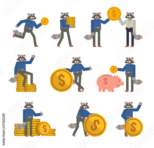Set of raccoon characters posing with big coin. Cheerful raccoon holding big golden coin, running, saving money and showing other actions. Flat design vector illustration
