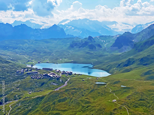 Panorama from the alpine peak Brünighaupt (Bruenighaupt or Brunighaupt) above the Melchtal valley (or Melch valley) and in the Uri Alps mountain massif, Melchtal - Canton of Obwalden, Switzerland photo