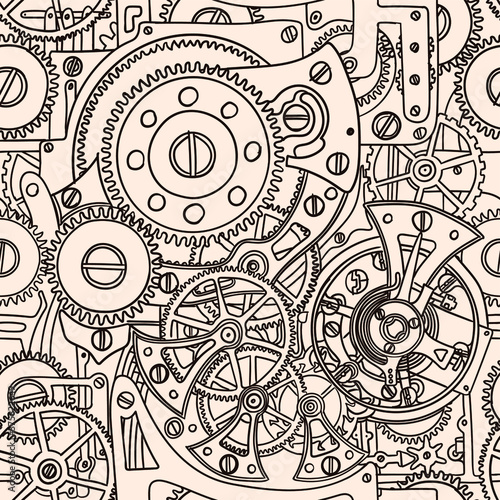 Seamless pattern hand-drawing clockwork isolated on beige background.