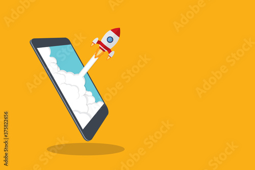 App launch. Startup vector concept, flat cartoon rocket or rocketship launch, mobile phone or smartphone, idea of successful business project start up, boost technology, innovation.