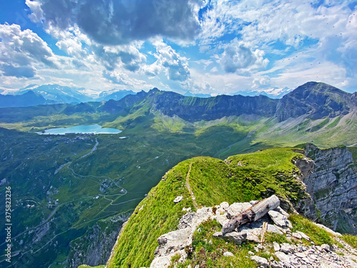 Panorama from the alpine peak Brünighaupt (Bruenighaupt or Brunighaupt) above the Melchtal valley (or Melch valley) and in the Uri Alps mountain massif, Melchtal - Canton of Obwalden, Switzerland photo