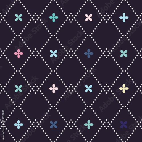 Vector seamless pattern with abstract rhombuses and flowers in different colors. For wallpapers, decoration, invitation, fabric, textile and print, web page background, gift and wrapping paper. 