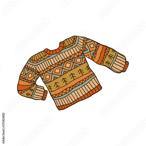 Warm wool sweater with cute ornament pattern isolated on white background