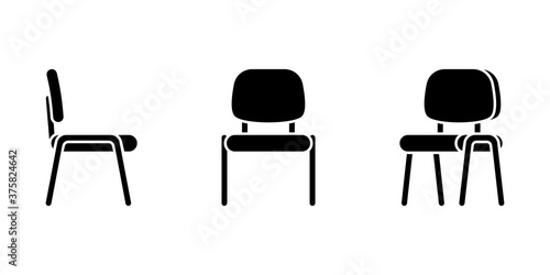 Isolated flat style office chair vector illustration icon pictogram set. Front, side view silhouette on white