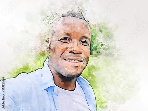 Abstract colorful Africa America man smile portrait at garden on watercolor illustration painting background.