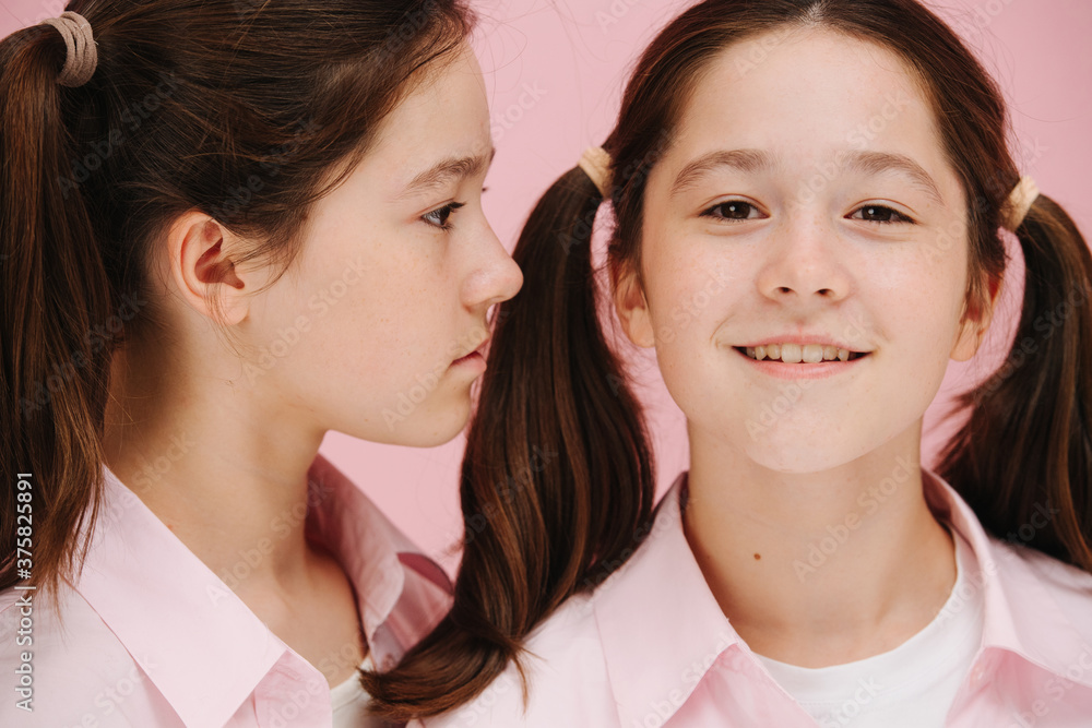 Beautiful little twin sisters posing. One is facing side other facing forward. Beautiful little twin sisters posing. One is facing side other facing forward.