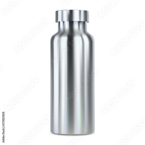 Stainless steel water bottle mockup. Reusable thermo flask, 3d illustration. Outdoor sport product blank for your brand promotion. Aluminum canister sample with cap. Empty fitness can