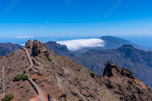 Trail from the top of Roque de los Muchachos to the top of Caldera de Taburiente, La Palma, Canary Islands. Spain