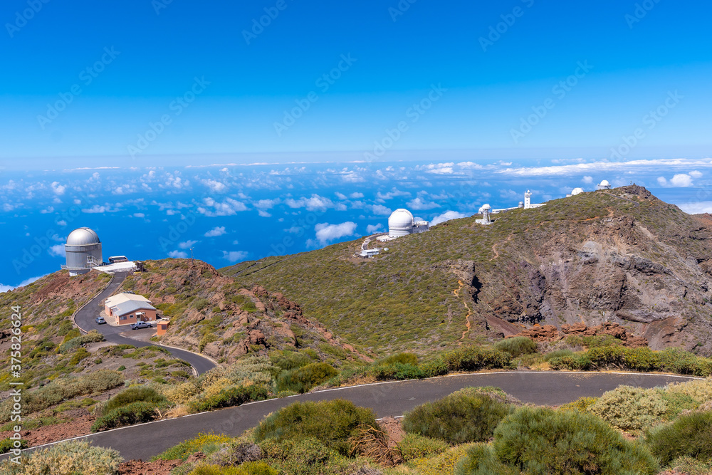 Telescopes of the Roque de los Muchachos national park on top of the Caldera de Taburiente, La Palma, Canary Islands. Spain