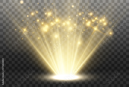 A bright light shining on a transparent background. Light rays emanating from a light source.