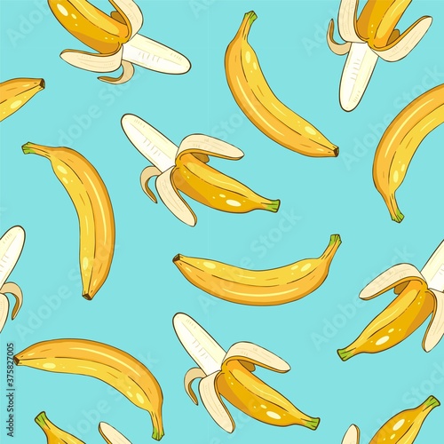 Seamless pattern of yellow bananas on a blue background. Cartoon single and peeled banana texture. 