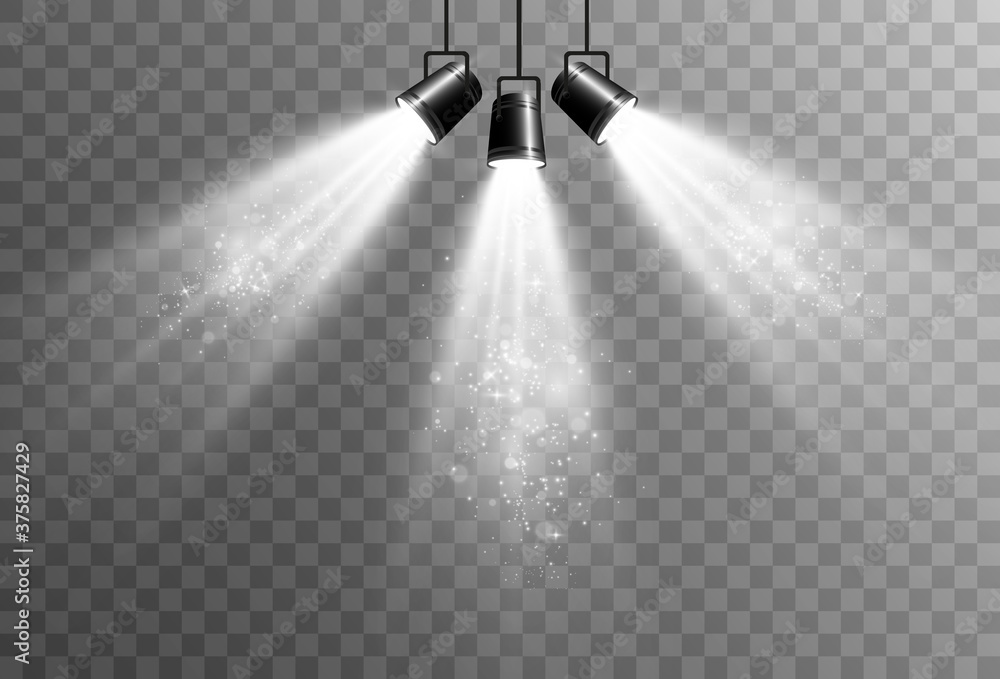 Collection of spotlights on a transparent background. Lighting equipment for highlighting various events and places. - obrazy, fototapety, plakaty 