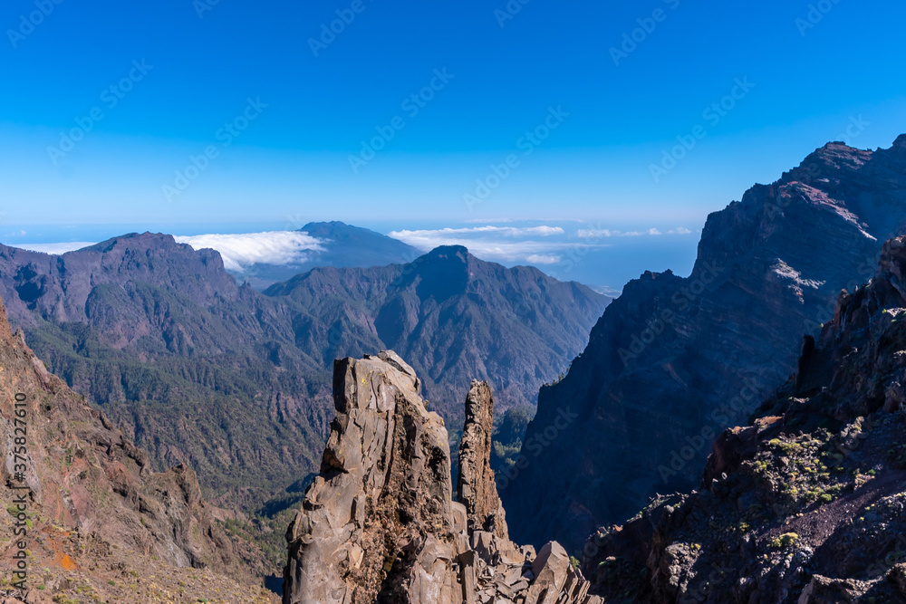 The top of the Caldera de Taburiente volcano near Roque de los Muchachos one summer afternoon, La Palma, Canary Islands. Spain