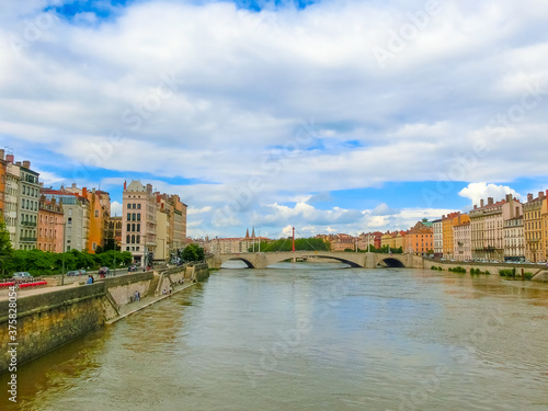 Lion, France - View from river Sona to the bridge and Lyon city © Solarisys