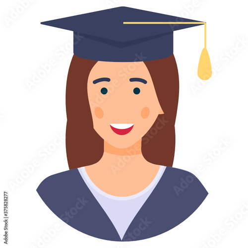 
A female avatar wearing student cap, scholar in trendy flat style 

