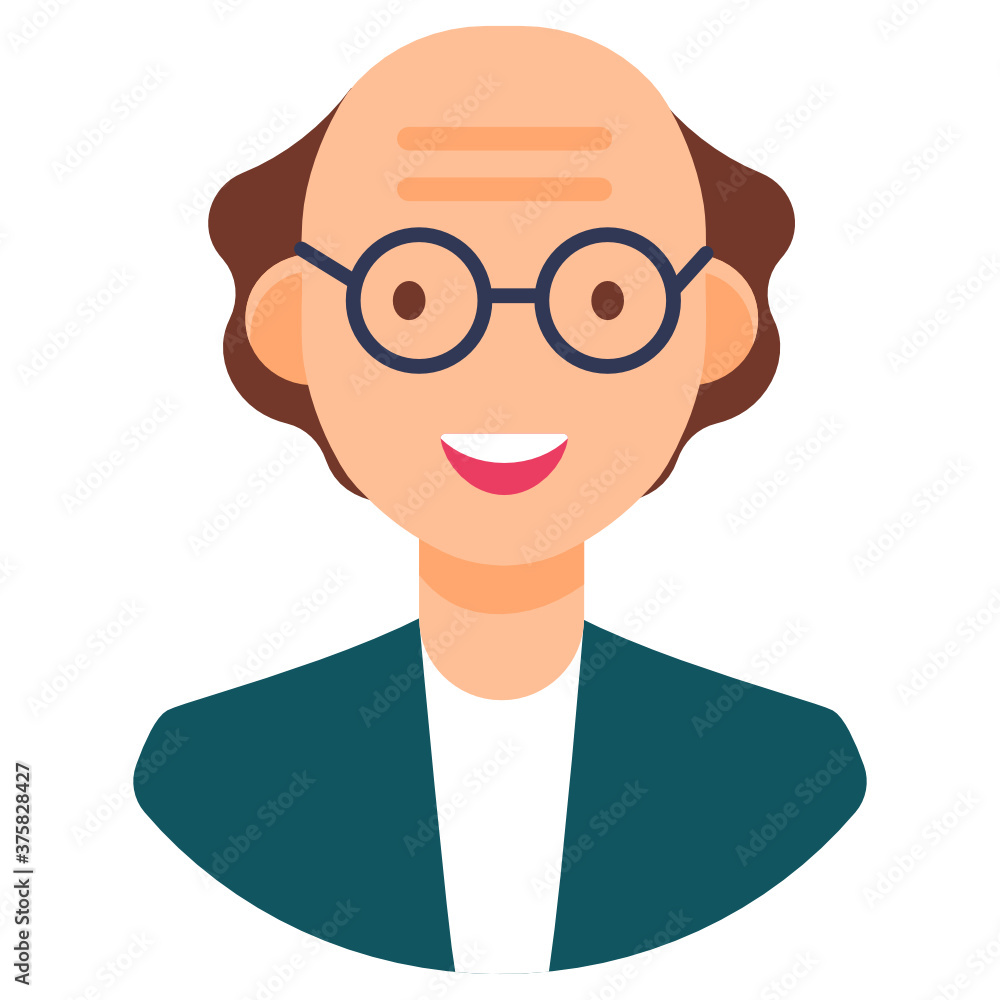 
Cute bald man wearing glasses, scientist vector in editable flat style 
