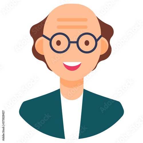 
Cute bald man wearing glasses, scientist vector in editable flat style 
