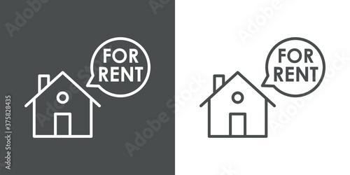 Concepto Real Estate. Venta de inmuebles. Icono plano lineal casa con texto For Rent en burbuja de habla en fondo gris y fondo blanco