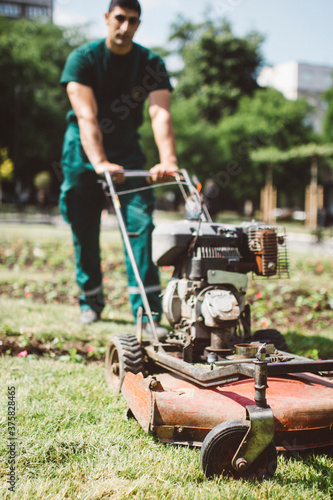 maintaining yard, mowing grass photo