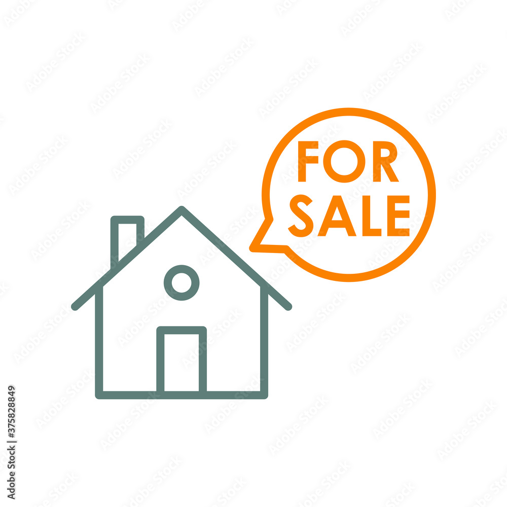 Concepto Real Estate. Venta de inmuebles. Icono plano lineal casa con texto For Sale en burbuja de habla en gris y naranja Concepto Real Estate. Venta de inmuebles. Icono plano lineal casa con texto For Sale en burbuja de habla en gris y naranja