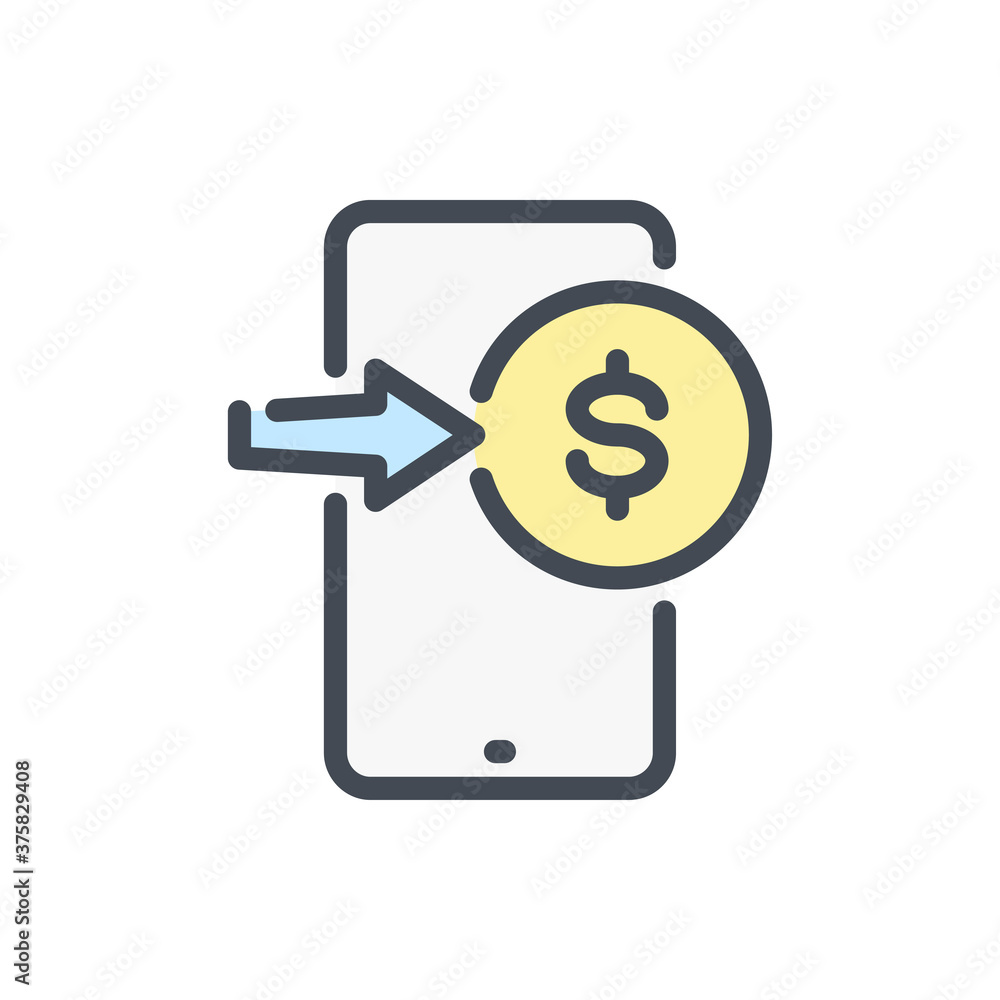 Mobile phone with Dollar coin and Arrow color line icon. Send money vector outline colorful sign. Mobile phone with Dollar coin and Arrow color line icon. Send money vector outline colorful sign.
