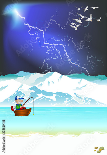 Picturesque arctic landscape with ocean and mountains with fisherman in boat set against a thunderstorm sky