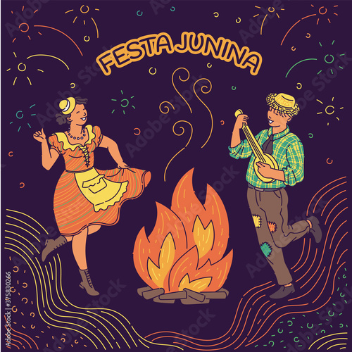 Festa Junina bonfire dance poster with cartoon Brazilian people dancing
