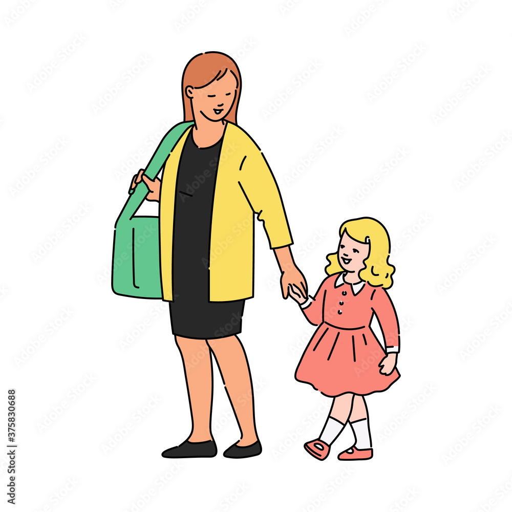 Mother and daughter walking hand by hand, cartoon woman and kid Mother and daughter walking hand by hand, cartoon woman and kid