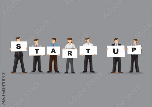 Illustration of business people holding white board cards title startup on a grey background.