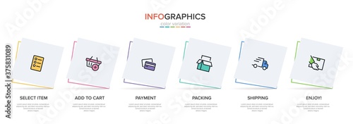 Concept of shopping process with 6 successive steps. Six colorful graphic elements. Timeline design for brochure, presentation, web site. Infographic design layout.