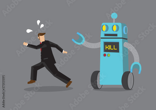Robot chasing after a businessman. Business concept of the problem of artificial intelligence, automation or technology that might cause a jobless society.
