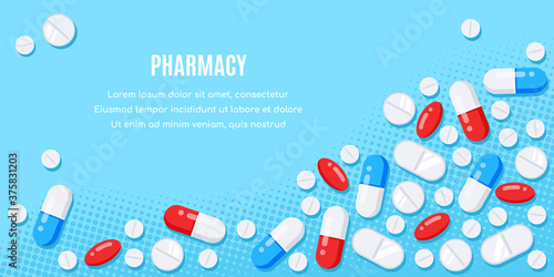 Flat style banner with medical drugs, tablets and pills