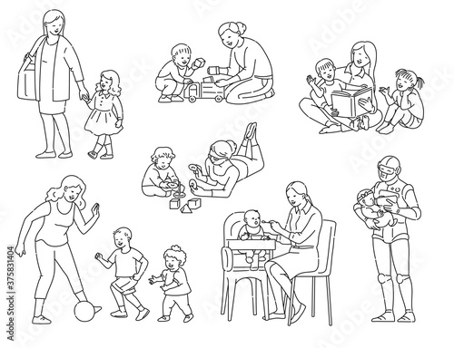 Set of nanny and children in black line art, sketch vector illustration isolated.
