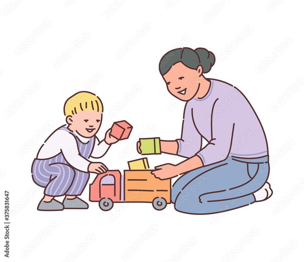 Mother and kid playing with toy truck together - cartoon woman and son Mother and kid playing with toy truck together - cartoon woman and son