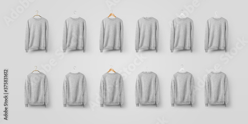 Mockup sweatshirt hanging on different hangers  hoodie heather isolated on background.